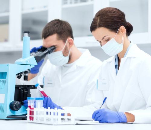 Two researchers reviewing study data